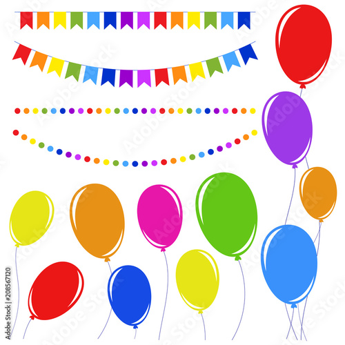 Set of flat colored isolated balloons on ropes and garlands of flags.