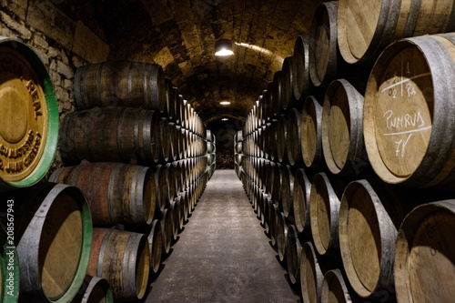 elciego, Álava, Spain. April 23, 2018: Interior of the wine cellars called Marqués de Riscal with wine aging in oak barrels in dark stone underground
