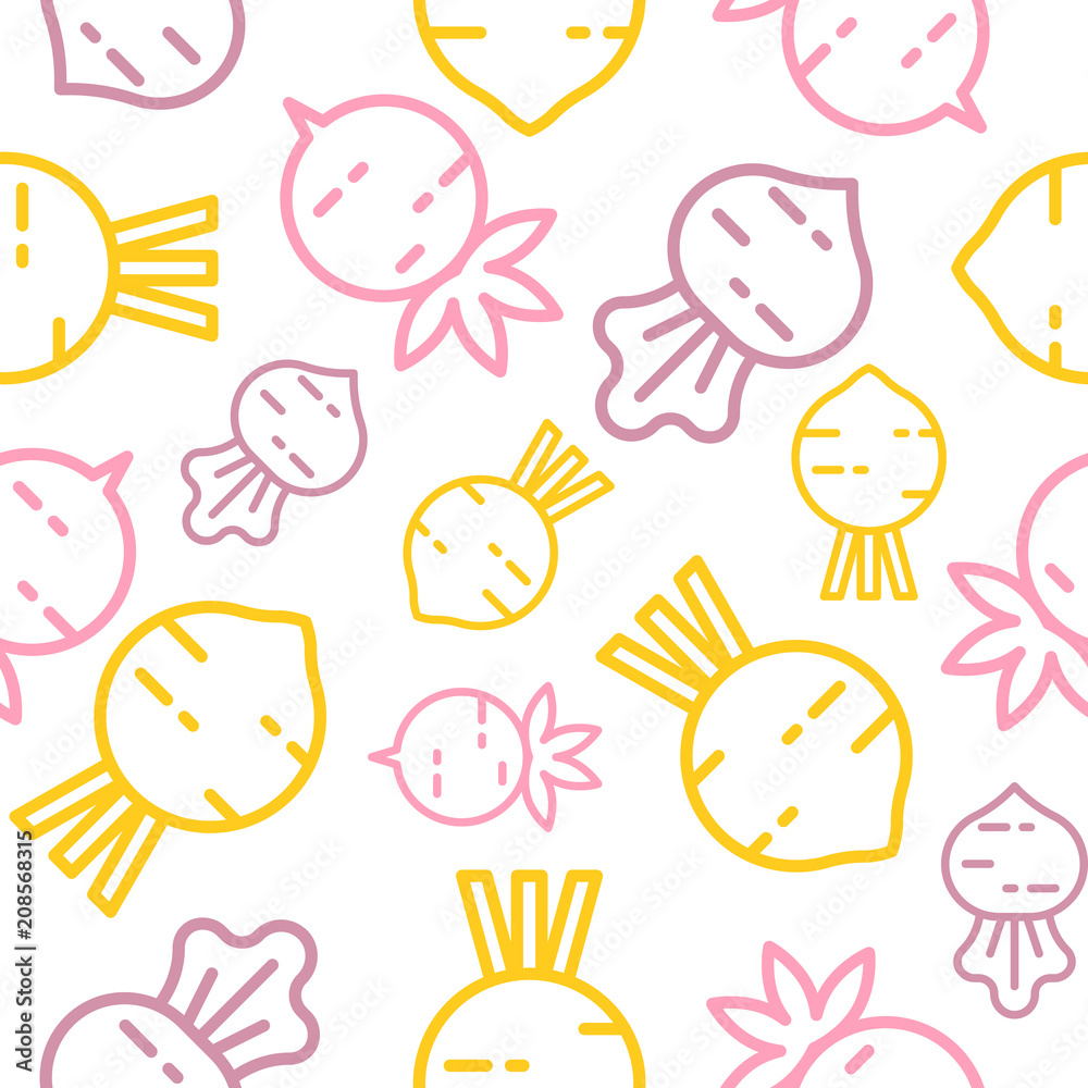 Beetroot and radish seamless pattern, outline vegetable wallpaper