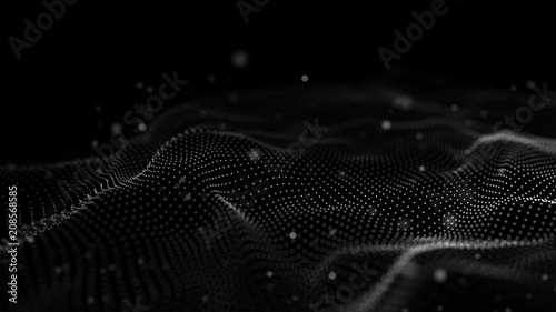 Data technology illustration. Abstract futuristic background. Wave with connecting dots and lines on dark background. Wave of particles.