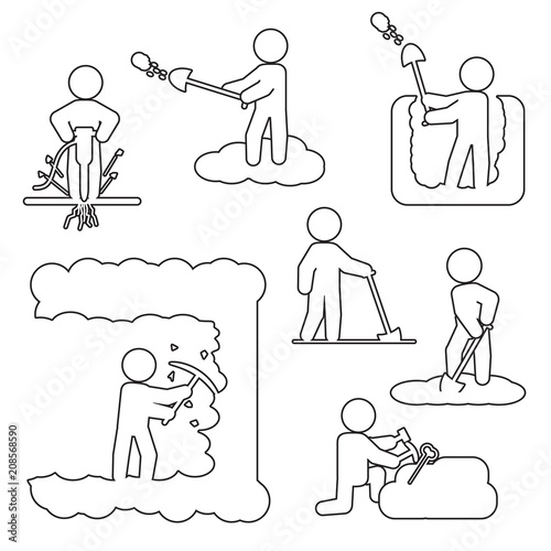 People digging, excavating or drilling thin line icon set. Vector outline icons.
