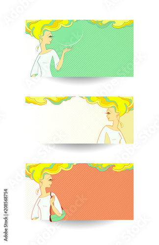 A young woman advertising anything. A figure of a girl in a white jacket with a bag over her shoulder and flying hair in the wind. 
A set of banners with a model in different poses.