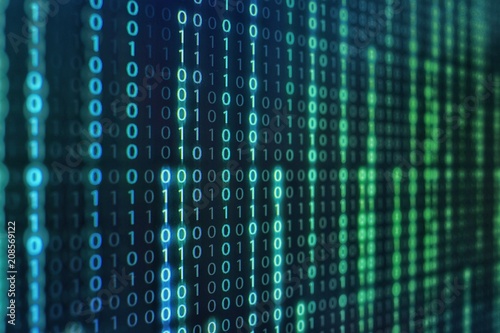 binary code data bit screen display on laptop computer screen. matrix of data flow. Rise of the big data AI age. artificial intelligence data transfer. Digital concept, high tech defocused blue light