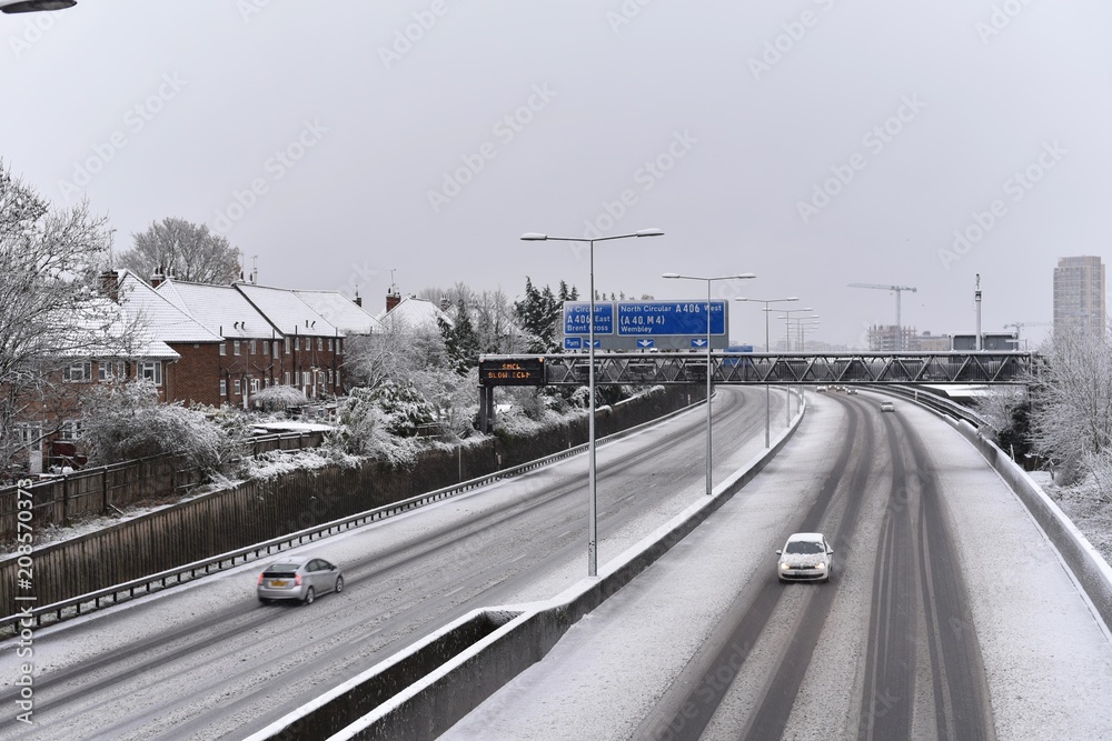 Inner London motorway after a snowy day