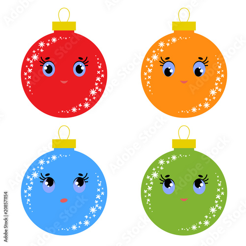 Set of flat colored isolated Christmas tree balls. Lovely cartoon for decorating postcards and design.