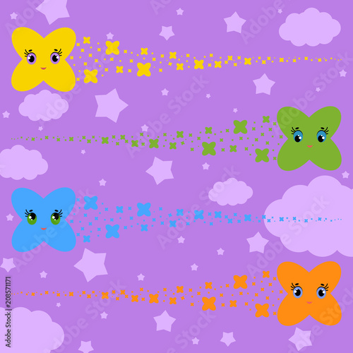 set of flat colored isolated stars of cartoons flying across the sky. Funny cute characters for decoration.