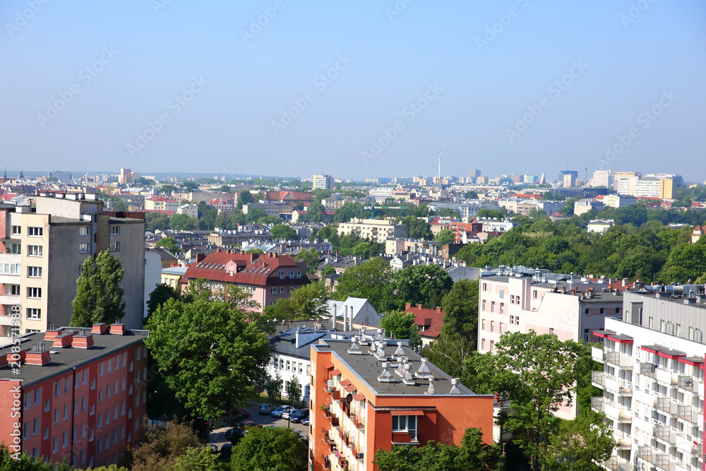Fototapeta premium Panorama of the city of Lublin in Poland full of blocks and green trees. 
