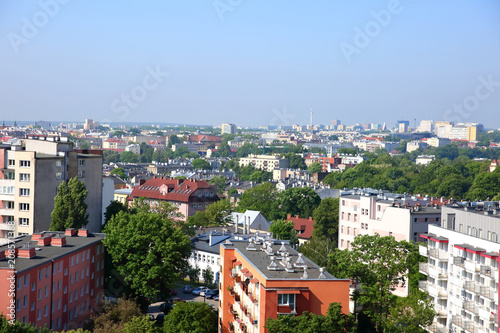 Panorama of the city of Lublin in Poland full of blocks and green trees.  