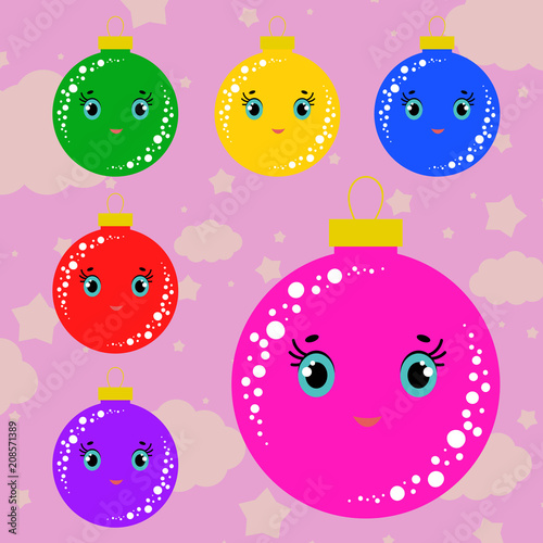 Set of flat colored isolated Christmas tree balls. Lovely cartoon for decorating postcards and design.