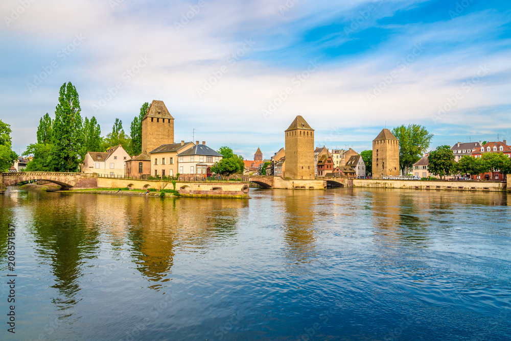 View at the Towers of Ponts Couverts from Barrage Vauban bridge in Strasbourg - France View at the Towers of Ponts Couverts from Barrage Vauban bridge in Strasbourg - France
