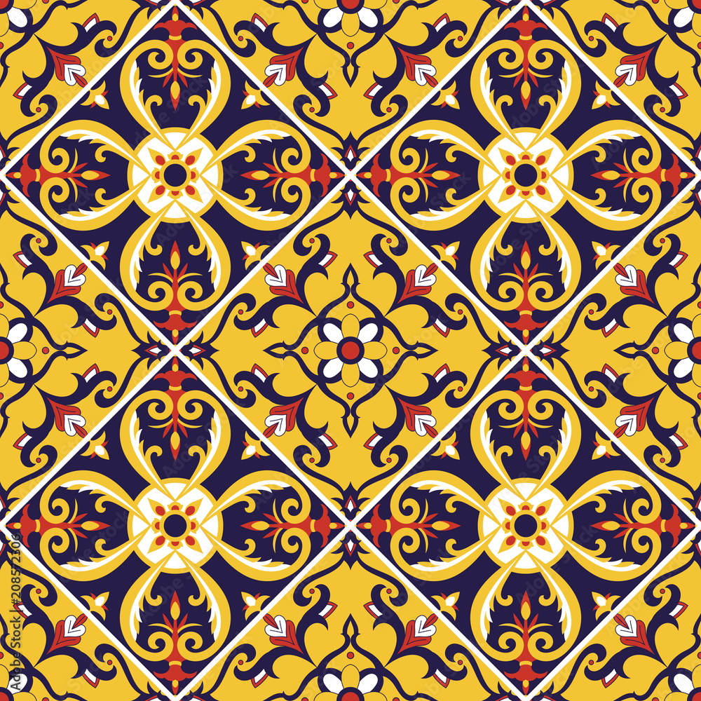 Spanish tile pattern vector with flower ornaments. Portuguese azulejo, mexican puebla talavera,  italian sicily majolica mosaic. Tiled texture for kitchen or bathroom flooring ceramic background.