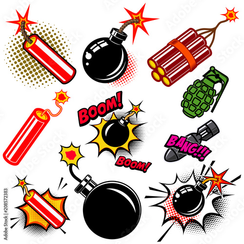 Set of comic style bombs, dynamite, grenade. Design element for poster, card, emblem, print, flyer, banner.