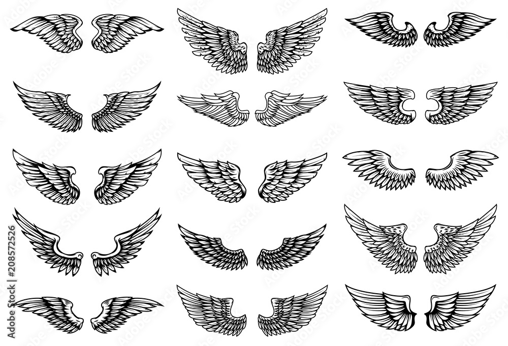 Set of bird wings illustrations in tattoo style. Design element for emblem, sign, logo, label. Set of bird wings illustrations in tattoo style. Design element for emblem, sign, logo, label.
