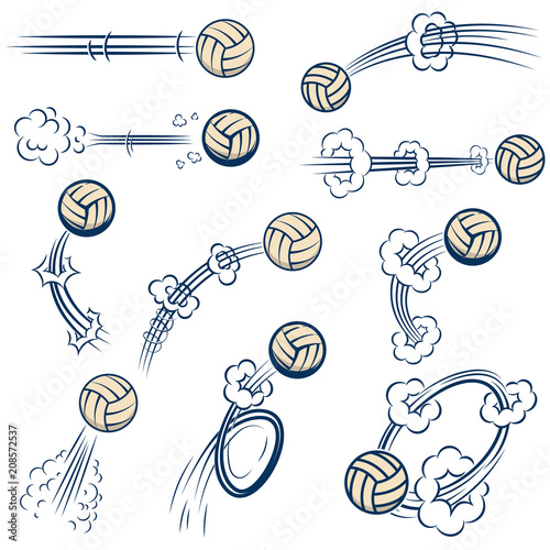 Set of volleyball balls with motion trails in comic style. Design element for poster, banner, flyer, card.