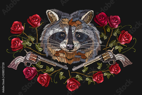 Embroidery raccoon, crossed guns and roses. Fashion modern embroidery raccoon head red roses and old guns, crime print for clothes, textiles, t-shirt design