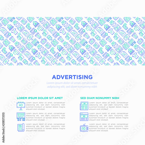 Advertising concept with thin line icons: billboard, street ads, newspaper, magazine, product promotion, email, GEO targeting, social media, strategy, banner. Vector illustration, web page template.