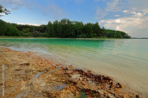 Brzeg sztucznego zbiornika wodnego nazywanego Lazurowym jeziorem, okolice Turku, Polska, wypełnionego chemicznymi odpadami z elektrowni, siarkowy osad na brzegu, w tle roślinność na przeciwnym brzegu,