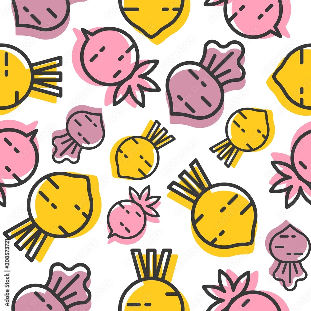Beetroot and radish seamless pattern, outline vegetable wallpaper