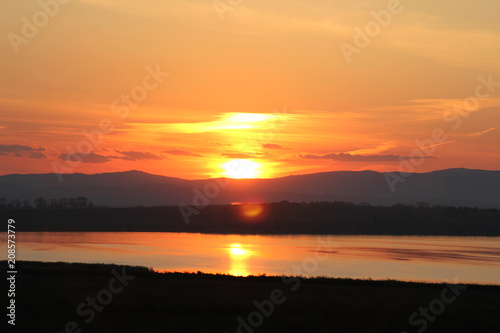 sunset, sky, sun, clouds, water, landscape, nature, sea, sunrise, cloud, lake, evening, orange, dawn, horizon, red, ocean, beach, light, dusk, view, sunlight, blue, morning