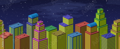 Background with View of Megapolis City. Horizontal Seamless Urban Landscape with Colorful Cartoon Skyscrapers and Dark Night Sky. Eps10, Contains Transparencies. Vector