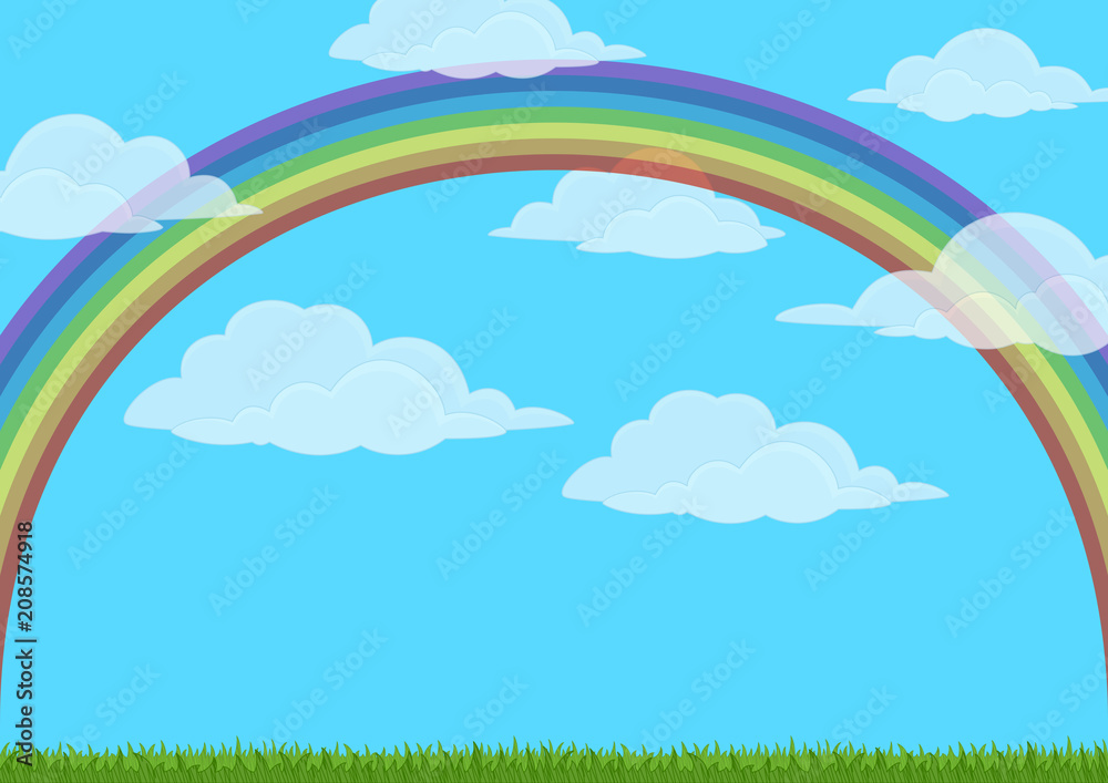 Landscape, Background with Bright Colorful Rainbow on Blue Sky with White Clouds and Green Grass. Eps10, Contains Transparencies. Vector