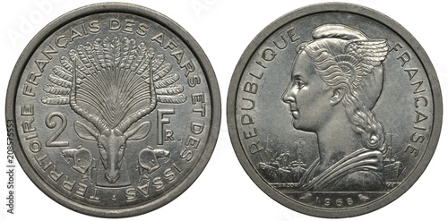 French Territories of Afars and Issas coin 2 two francs 1968, antelope head with horns, feathers above, fish and shell below, Liberty in Phrygian cap with wings, poet with ships behind, aluminum, photo