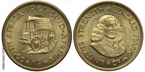 South Africa African coin 1 one cent 1961, wagon with big wheels, ground, bust of Jan van Riebeeck, motto unity is force,  photo