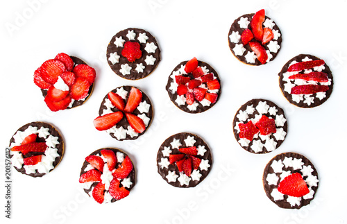 Round strawberry cookies dessert on white background