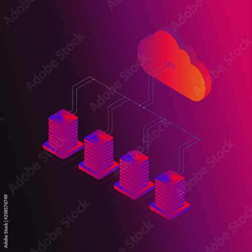 Digital data storage isometric 3d concept vector illustration. Cloud computing services, data center, cloud hosting, remote system administration, digital tehnologies design for web banners and apps