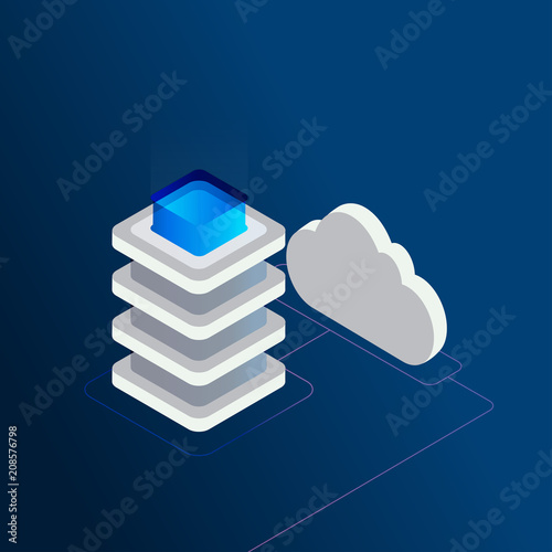 Digital data storage isometric 3d concept vector illustration. Cloud computing services, data center, cloud hosting, remote system administration, digital tehnologies design for web banners and apps