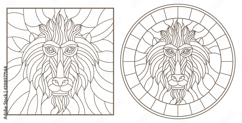 Naklejka premium A set of contour illustrations of stained glass Windows with monkey heads, round and square image, dark contours on a white background