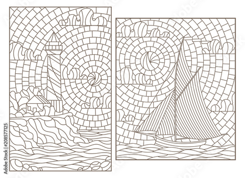 Set of contour illustrations of stained glass Windows with seascapes, sailboat and lighthouse on the background of the sea and sky, dark contours on a white background