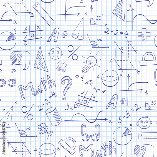 Seamless pattern on the theme of the school, of education and of the subject mathematics, the blue hand-drawn graphics, formulas, and icons on on the clean writing-book sheet in a cage