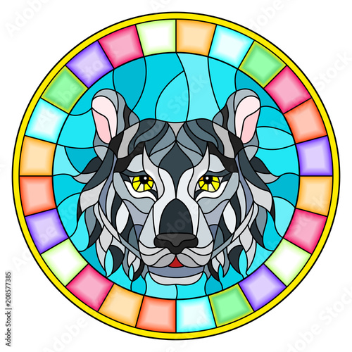 Fototapeta Naklejka Na Ścianę i Meble -  The illustration in stained glass style painting with a tiger's head , a circular image with bright frame