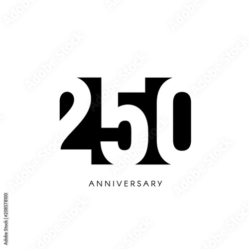Two hundred fifty anniversary, minimalistic logo. Two handred fiftieth years, 250th jubilee, greeting card. Birthday invitation. 250 year sign. Black negative space vector illustration on white