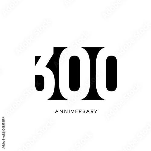 Three hundred anniversary, minimalistic logo. Three hundredth years, 300th jubilee, greeting card. Birthday invitation. 300 year sign. Black negative space vector illustration on white background.