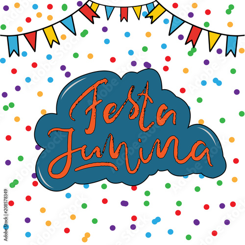 Festa Junina (June Festival in Portuguese language) Illustration with Party Flags and confetti on white Background. Brazil June Festival Design for Greeting Card, Invitation or Holiday Poster. Vector.