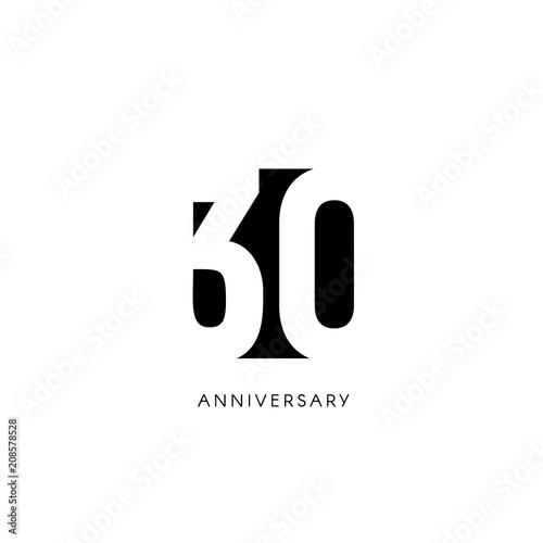 Thirty anniversary, minimalistic logo. Thirtieth years, 30th jubilee, greeting card. Birthday invitation. 30 year sign. Black negative space vector illustration on white background.