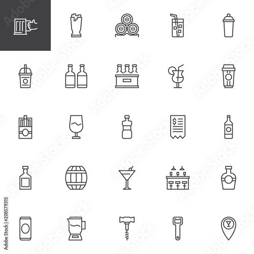 Bar beverages outline icons set. linear style symbols collection, line signs pack. vector graphics. Set includes icons as Beer bottle, Wine barrel, Juice glass, Shaker, Ice coffee, Cocktail drink
