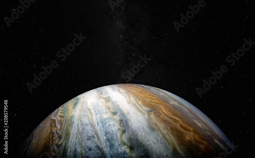 View of Jupiter, the fifth planet of the Solar System, with stars and Milky Way. Juno satellite mission . Science fiction background. Elements of this image furnished by NASA.