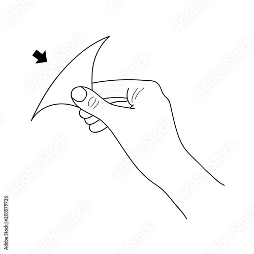 Open here line icon. A hand removing a label from the product. Vector sticker.