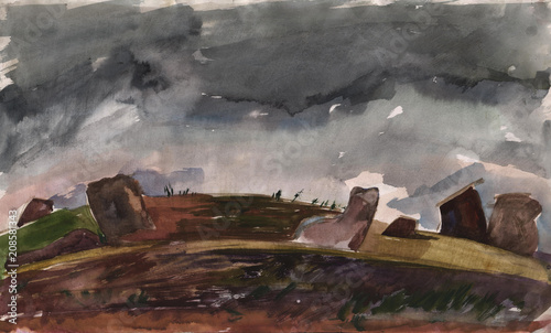 Landscape. Watercolor sketch of Menhirs against the background of a stormy sky