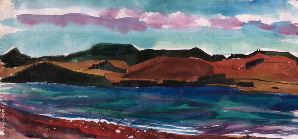 Watercolor painting, landscape,