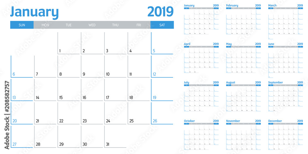 Calendar planner 2019 template vector illustration all 12 months week starts on Sunday and indicate weekends on Saturday and Sunday - obrazy, fototapety, plakaty 