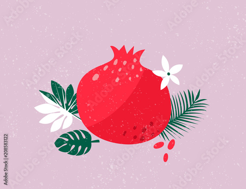 Red ripe pomegranate and tropical leaves illustration on pink background. Summer art.