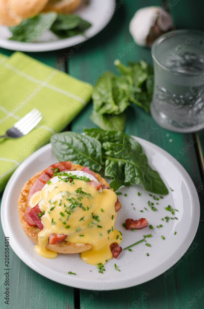 Egg benedict delish food, crispy bacon Egg benedict delish food, crispy bacon