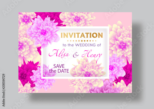Wedding invitation template with beautiful flowers greeting card. Vector illustration.