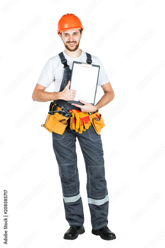 A construction man showing a clean sheet of paper to the clipboard. isolated on white background A construction man showing a clean sheet of paper to the clipboard. isolated on white background