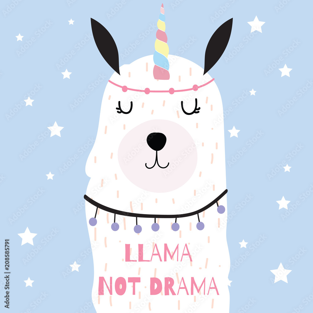Hand drawn cute card with horn, llama not drama Hand drawn cute card with horn, llama not drama