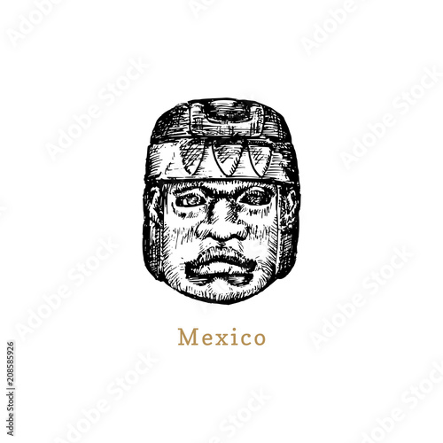Hand sketched Olmec stone head. Vector illustration of Mexican tourist attraction.Latin American travel symbol.